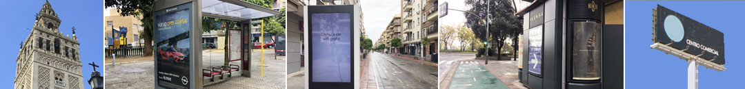 La Giralda, una parada de autobús, un Mupi y una valla publicitaria